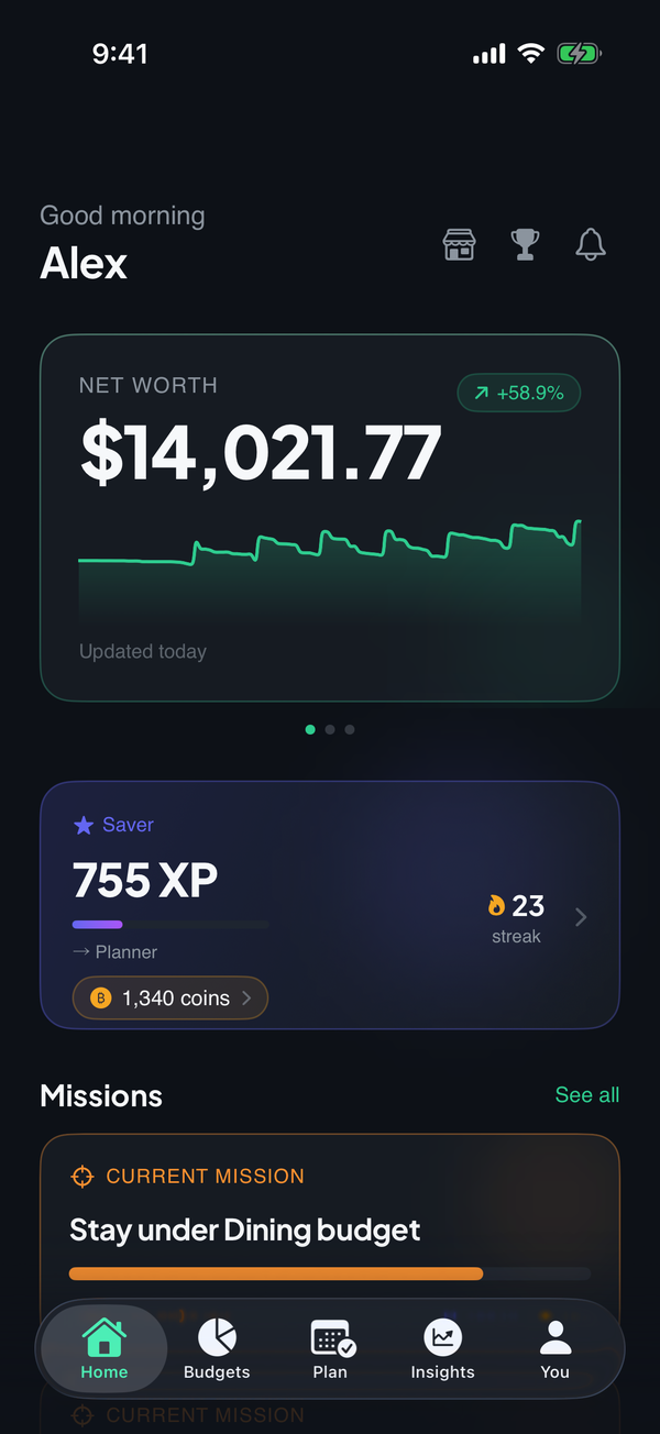 The Money Tree home screen showing net worth, a streak and a mission