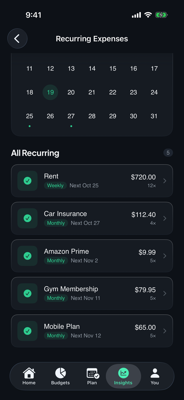 Money Tree recurring payments list with subscriptions and bills