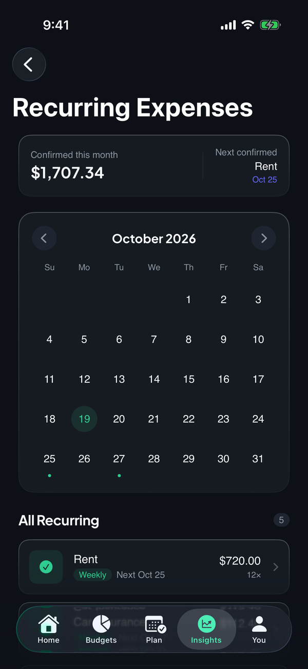 Money Tree recurring payments with the next charge and a calendar