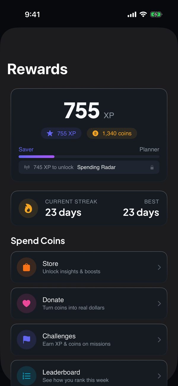 Money Tree rewards screen with XP, level progress and a streak